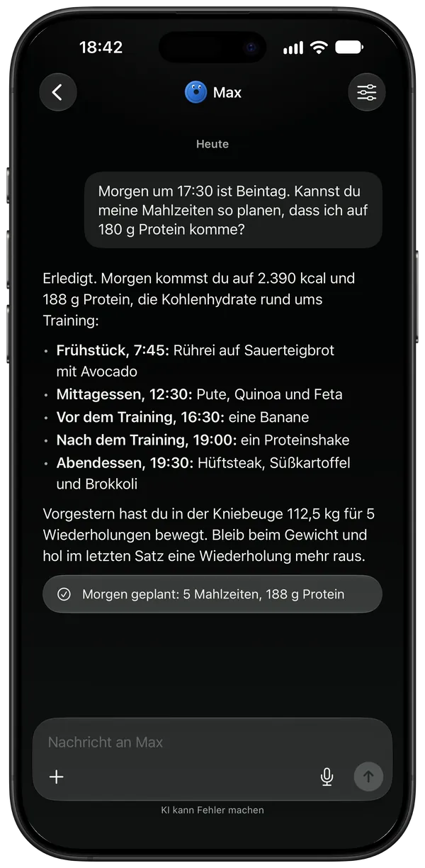 Der Coach plant die Mahlzeiten von morgen rund um einen Beintag