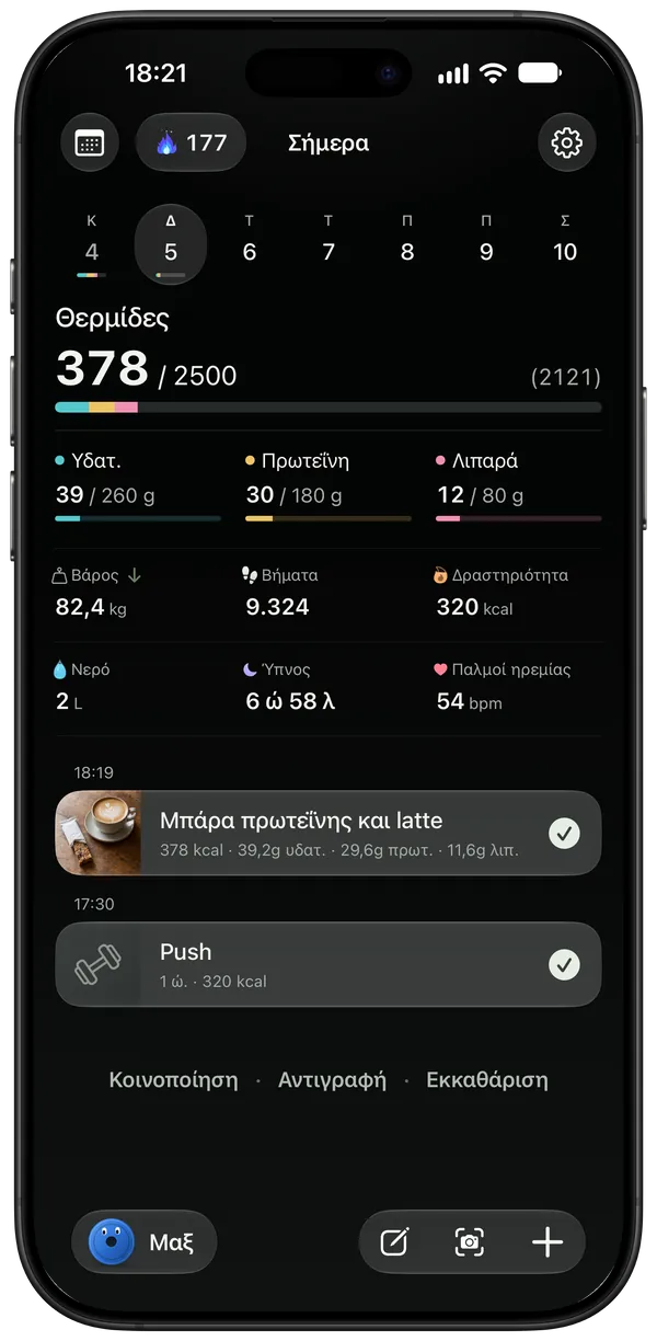 Μια μπάρα πρωτεΐνης, ένα latte και μια προπόνηση push, καταγεγραμμένα με μία φράση