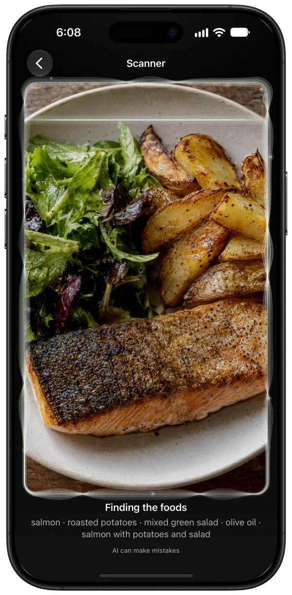 A plate of salmon, potatoes and salad being scanned