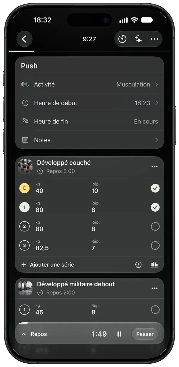 Une séance push en cours, minuteur de repos lancé