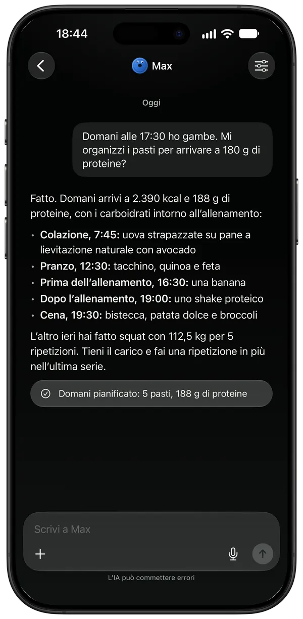 Il coach pianifica i pasti di domani attorno a un giorno gambe