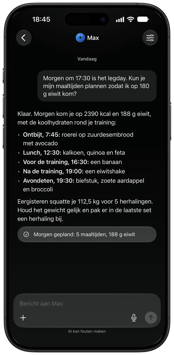De coach plant de maaltijden van morgen rond een legday