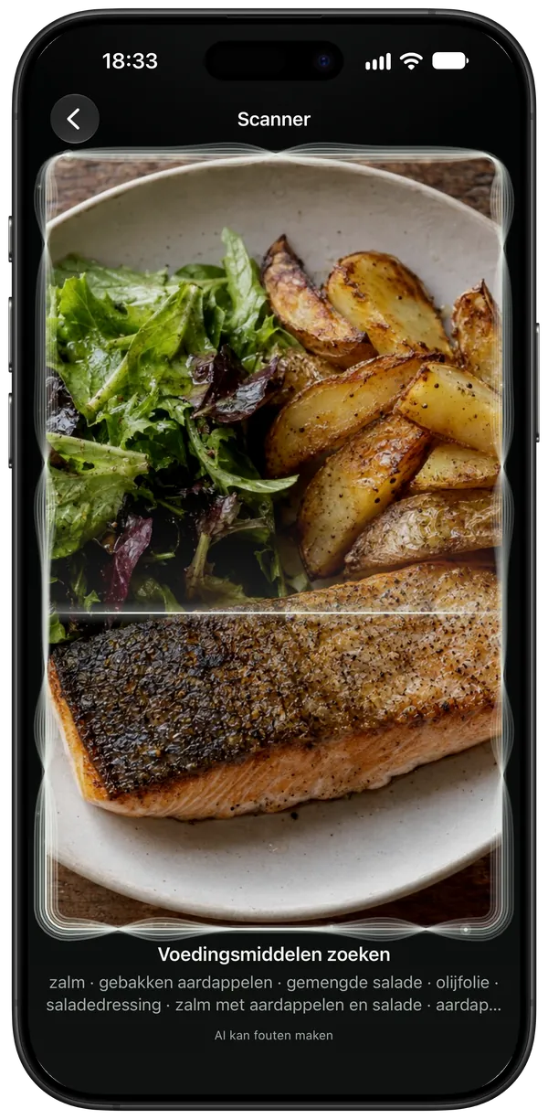 Een bord met zalm, aardappelen en salade wordt gescand