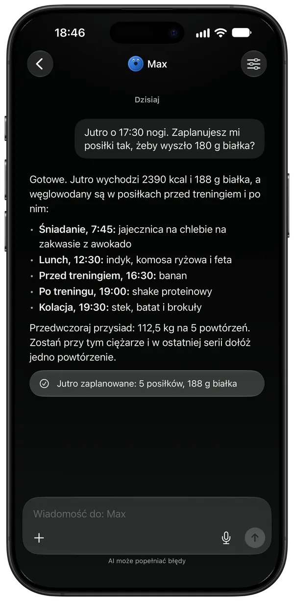Trener planuje jutrzejsze posiłki z uwzględnieniem treningu nóg