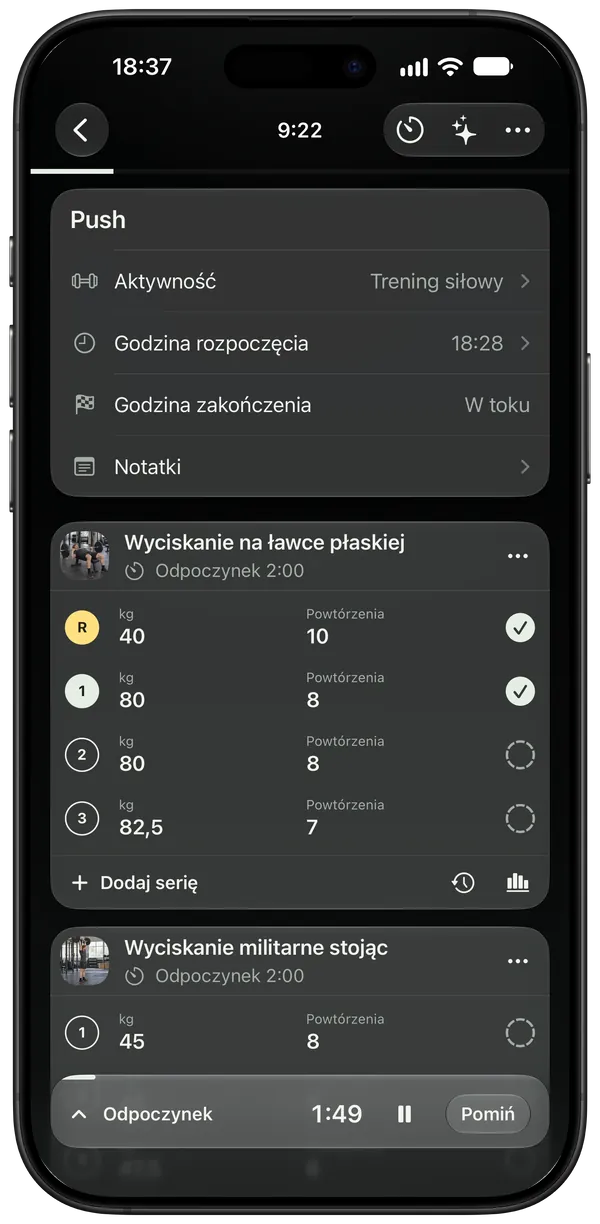 Trening push w toku z działającym minutnikiem przerwy