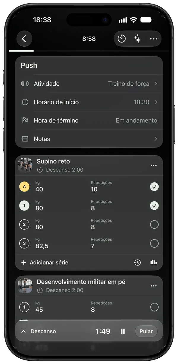 Um treino de push em andamento com o timer de descanso rodando