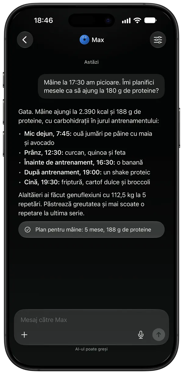 Antrenorul planifică mesele de mâine ținând cont de antrenamentul de picioare